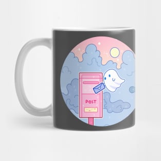 A small ghost sends a letter through a mailbox Mug